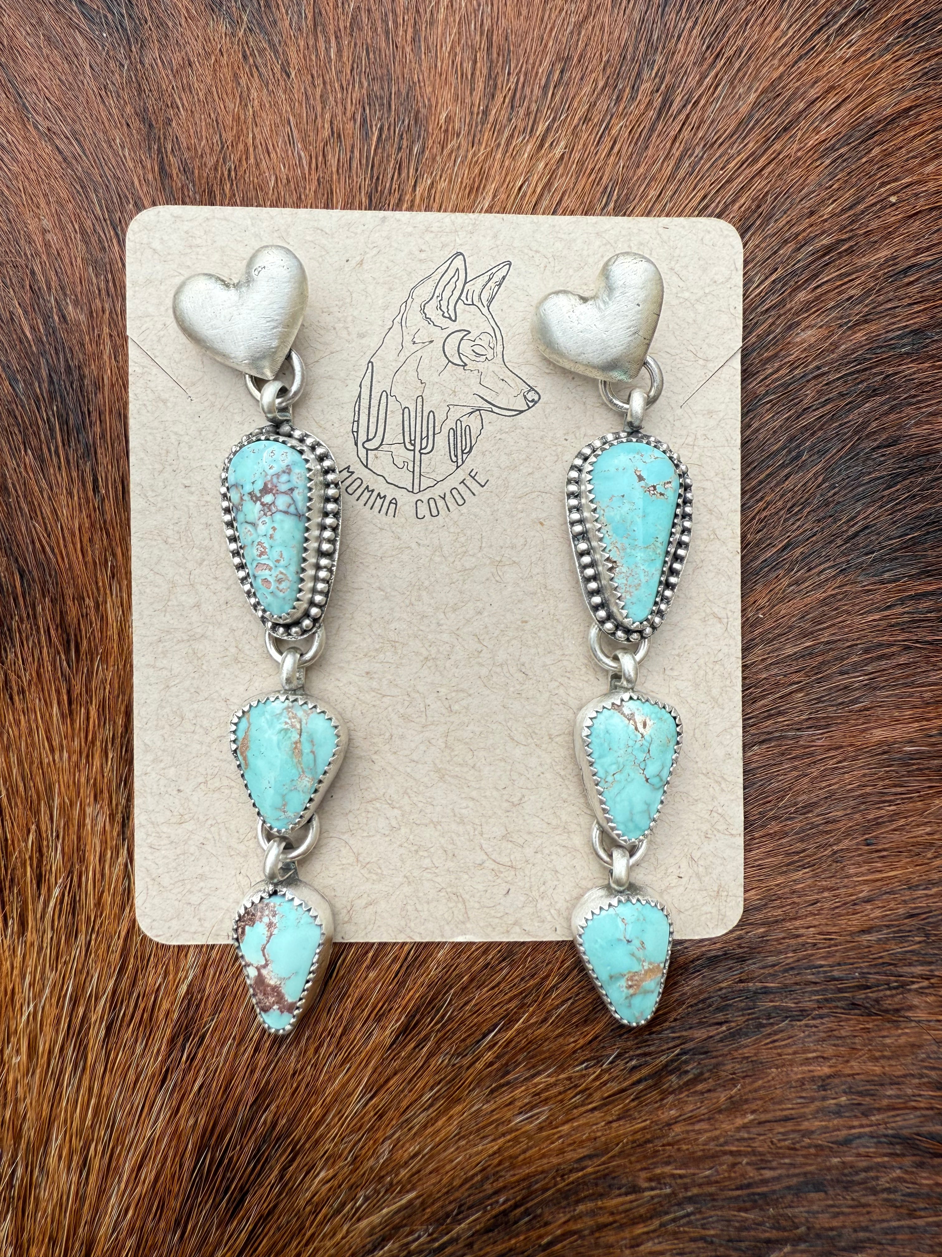 3 Stone Heart Dangle Studs